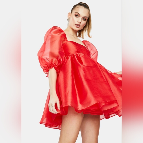SELKIE Winter Red Puff Dress, Cute Viral Ruby Organza Princess Dress - Picture 2 of 12